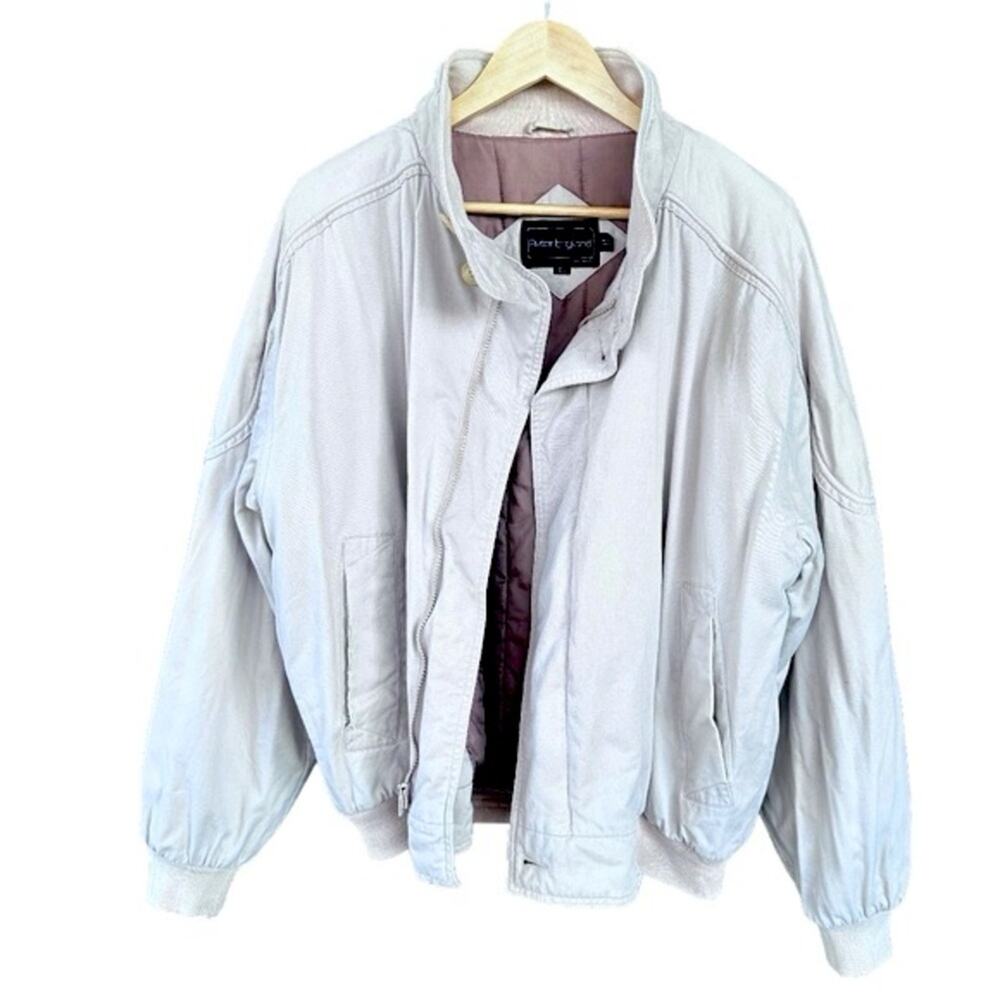 Vintage 80s Peter England Cotton Beige Bomber Jacket Full Zip Turtleneck L